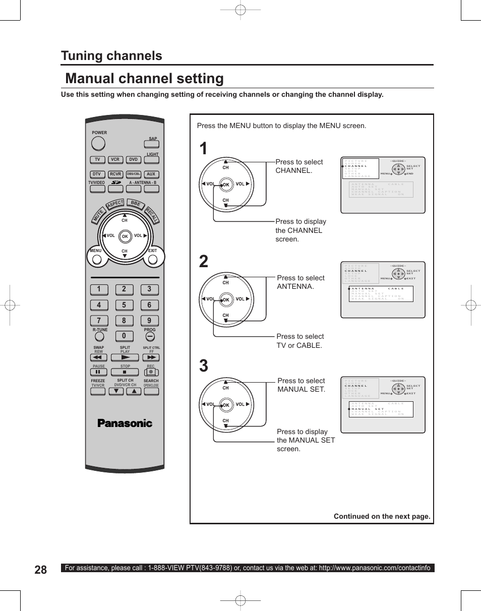 Manual channel setting, Tuning channels, Continued on the next page | Panasonic PT-50LC14 User Manual | Page 28 / 88