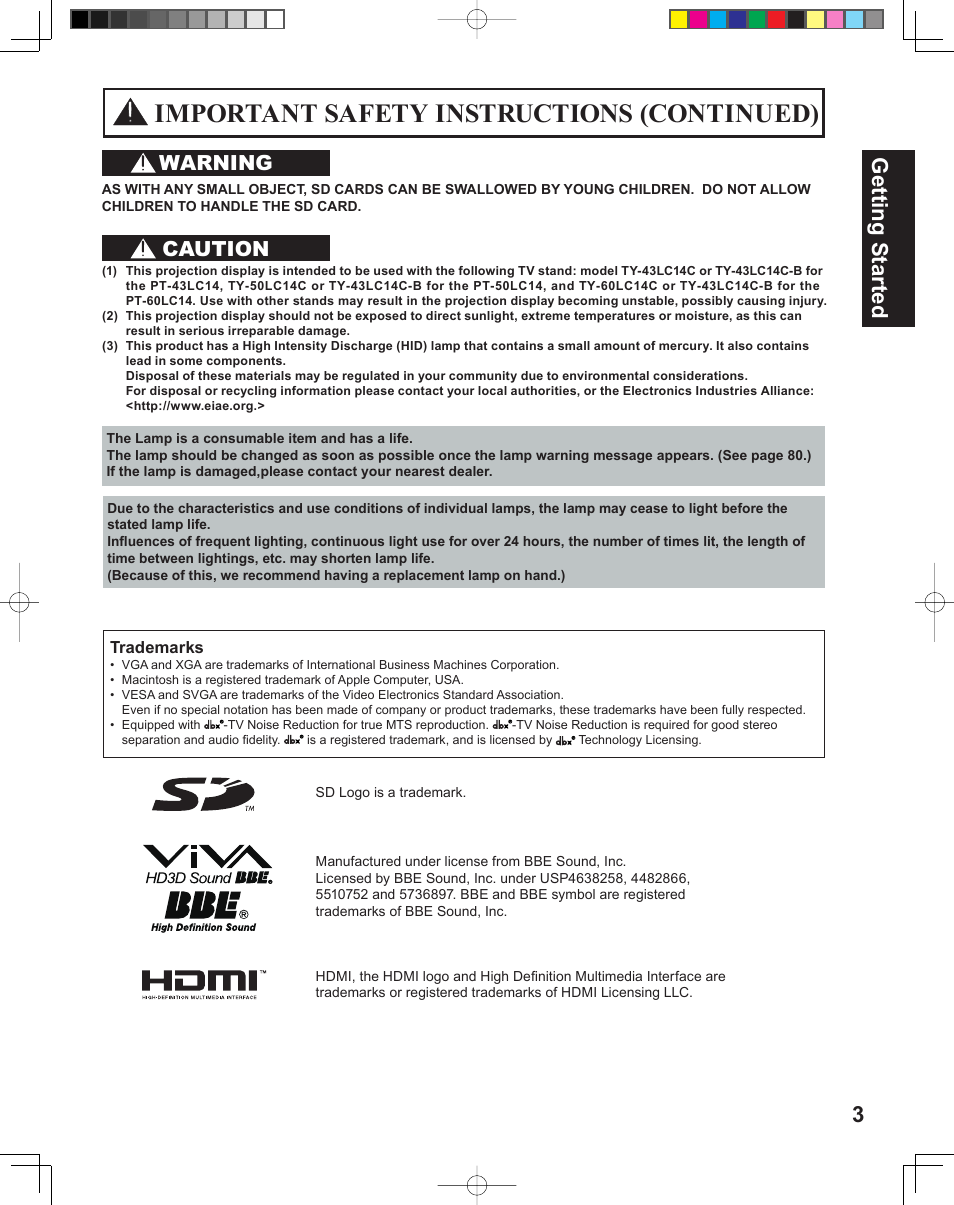 Important safety instructions (continued), 3getting start ed, Warning | Caution | Panasonic PT-50LC14 User Manual | Page 3 / 88