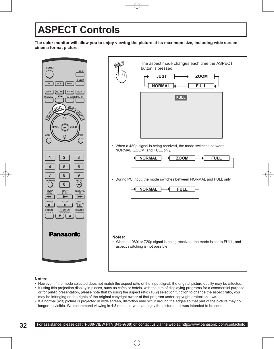 Aspect controls | Panasonic PT-50LC14 User Manual | Page 32 / 88