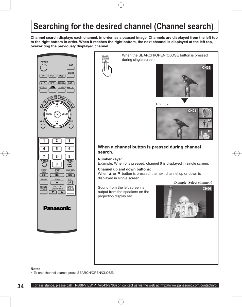 Searching for the desired channel (channel search), Example: select channel 6 | Panasonic PT-50LC14 User Manual | Page 34 / 88