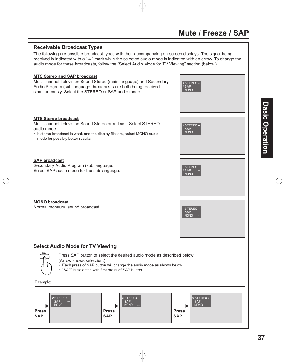 Mute / freeze / sap, 37 basic operation, Receivable broadcast types | Select audio mode for tv viewing | Panasonic PT-50LC14 User Manual | Page 37 / 88