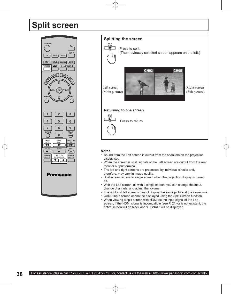 Split screen, Splitting the screen | Panasonic PT-50LC14 User Manual | Page 38 / 88