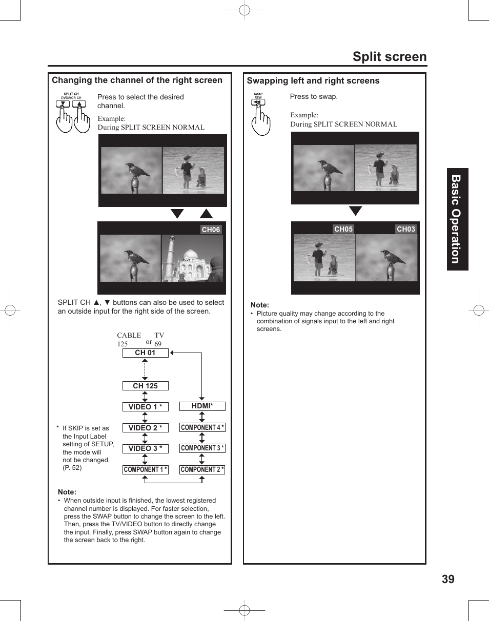 Split screen, 39 basic operation | Panasonic PT-50LC14 User Manual | Page 39 / 88
