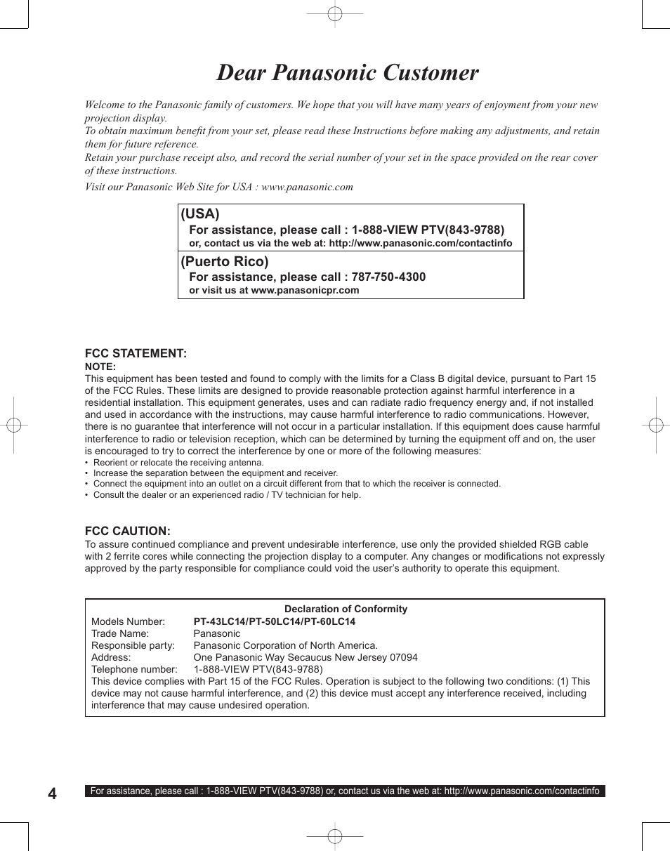 Dear panasonic customer | Panasonic PT-50LC14 User Manual | Page 4 / 88