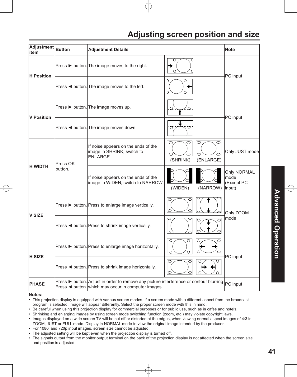 Adjusting screen position and size, 41 advanced op er a tion | Panasonic PT-50LC14 User Manual | Page 41 / 88