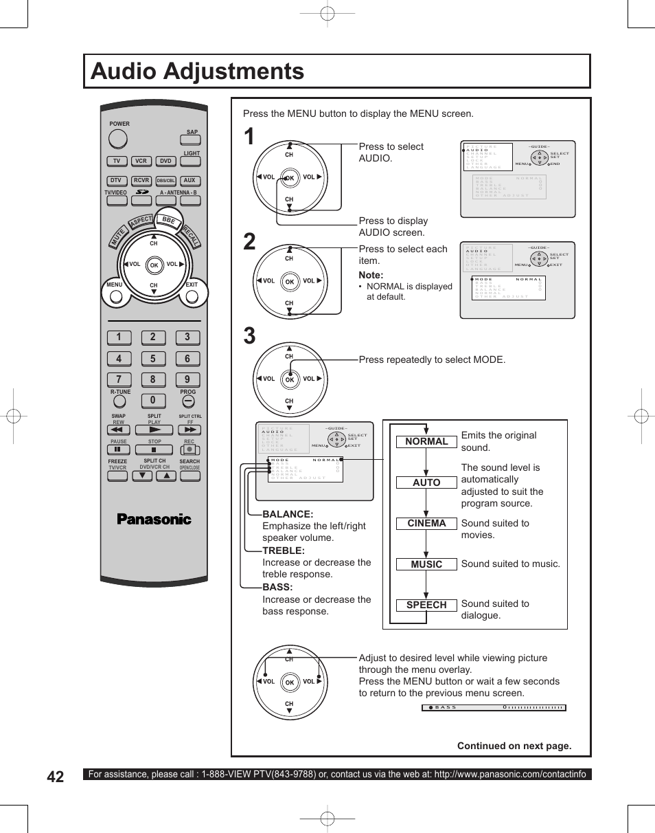 Audio adjustments, Press the menu button to display the menu screen, Normal auto speech cinema music | Press repeatedly to select mode | Panasonic PT-50LC14 User Manual | Page 42 / 88