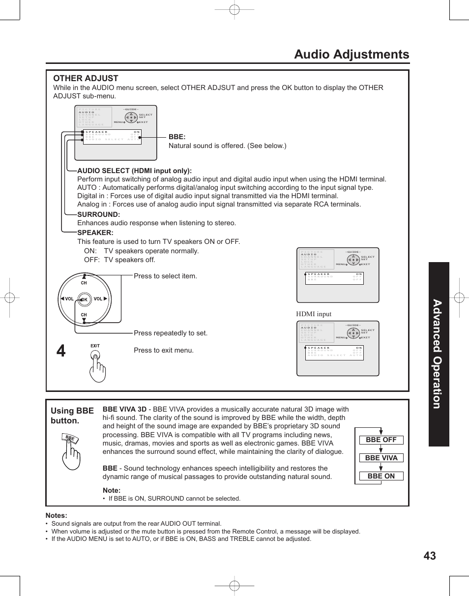 Audio adjustments, 43 advanced op er a tion, Using bbe button | Other adjust, Press to exit menu | Panasonic PT-50LC14 User Manual | Page 43 / 88