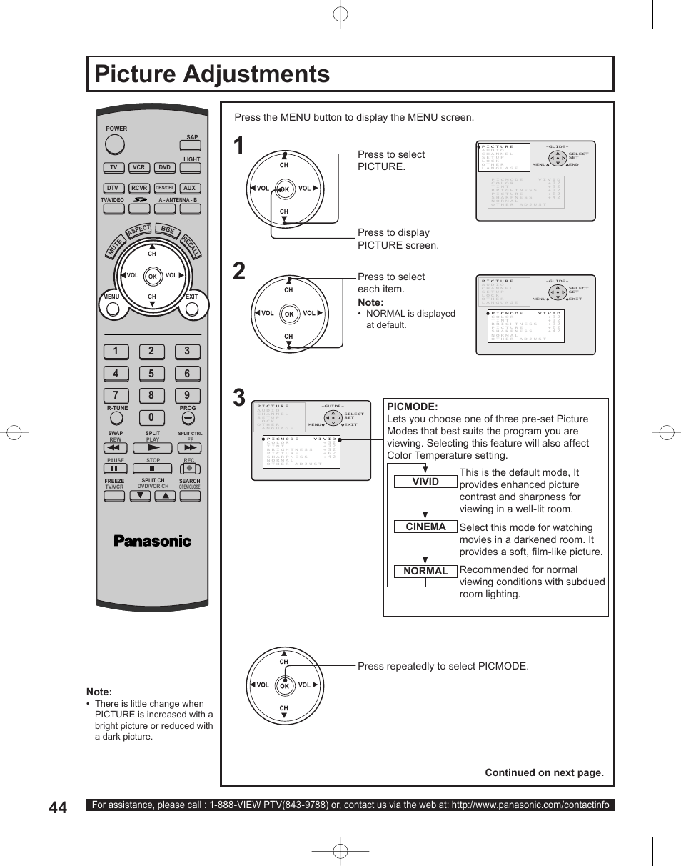 Picture adjustments, Press the menu button to display the menu screen | Panasonic PT-50LC14 User Manual | Page 44 / 88