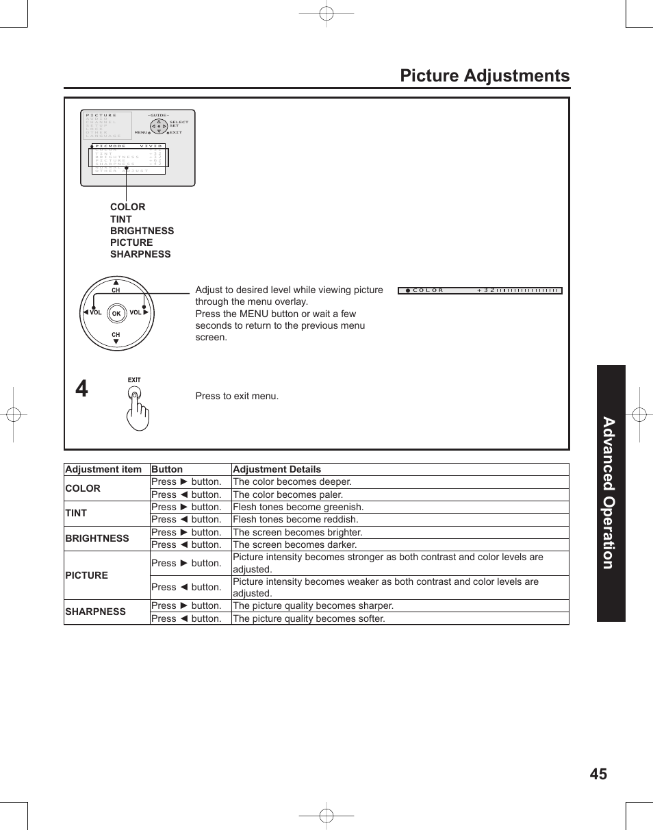 Picture adjustments, 45 advanced op er a tion | Panasonic PT-50LC14 User Manual | Page 45 / 88