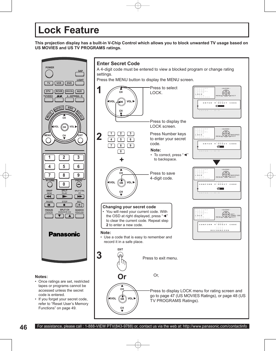 Lock feature, Enter secret code, Press to display the lock screen | Press number keys to enter your secret code, Changing your secret code | Panasonic PT-50LC14 User Manual | Page 46 / 88