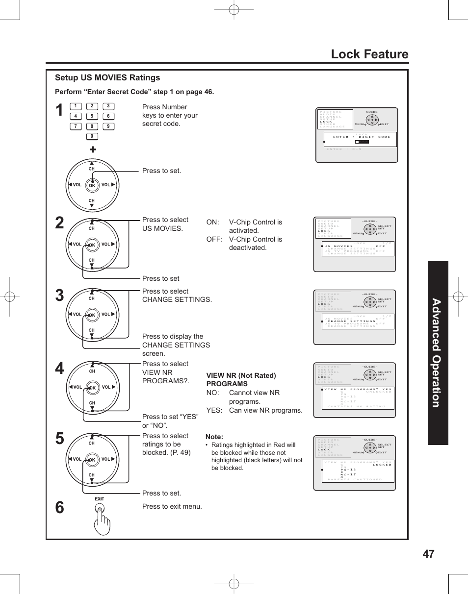 Lock feature, 47 advanced op er a tion, Setup us movies ratings | Press to exit menu. press to set | Panasonic PT-50LC14 User Manual | Page 47 / 88