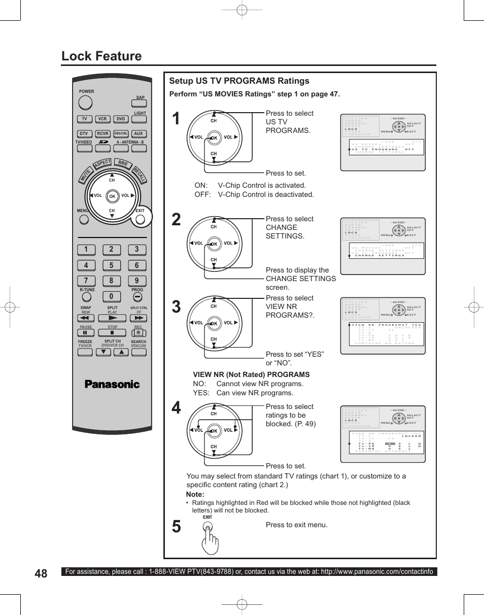 Lock feature, Setup us tv programs ratings | Panasonic PT-50LC14 User Manual | Page 48 / 88