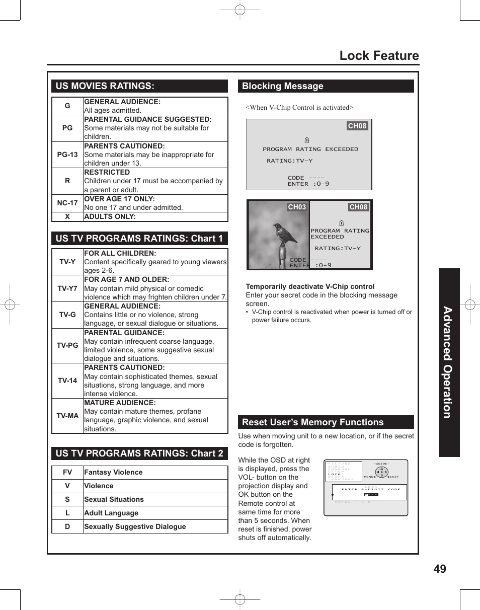 Lock feature, 49 advanced op er a tion | Panasonic PT-50LC14 User Manual | Page 49 / 88