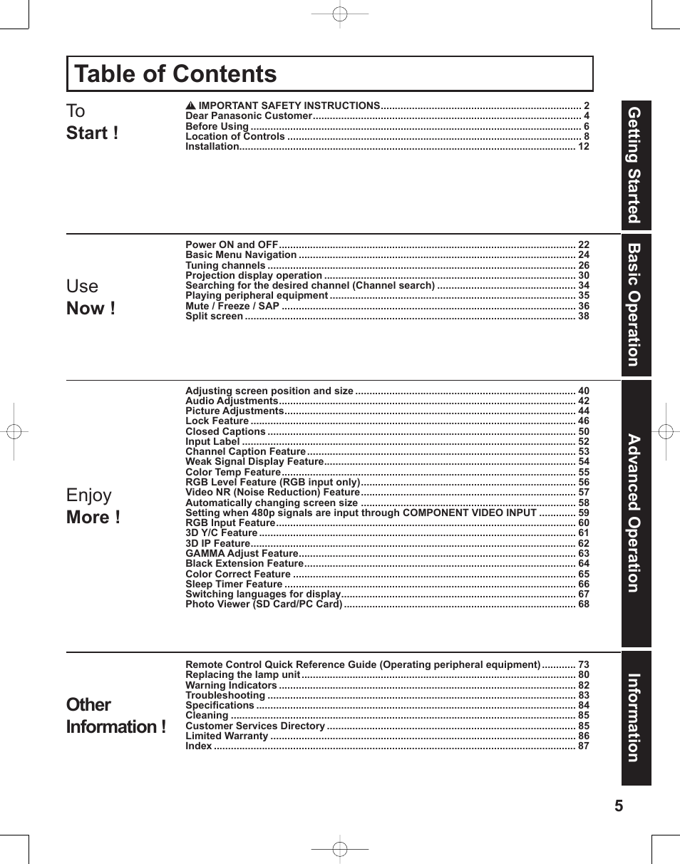 Panasonic PT-50LC14 User Manual | Page 5 / 88