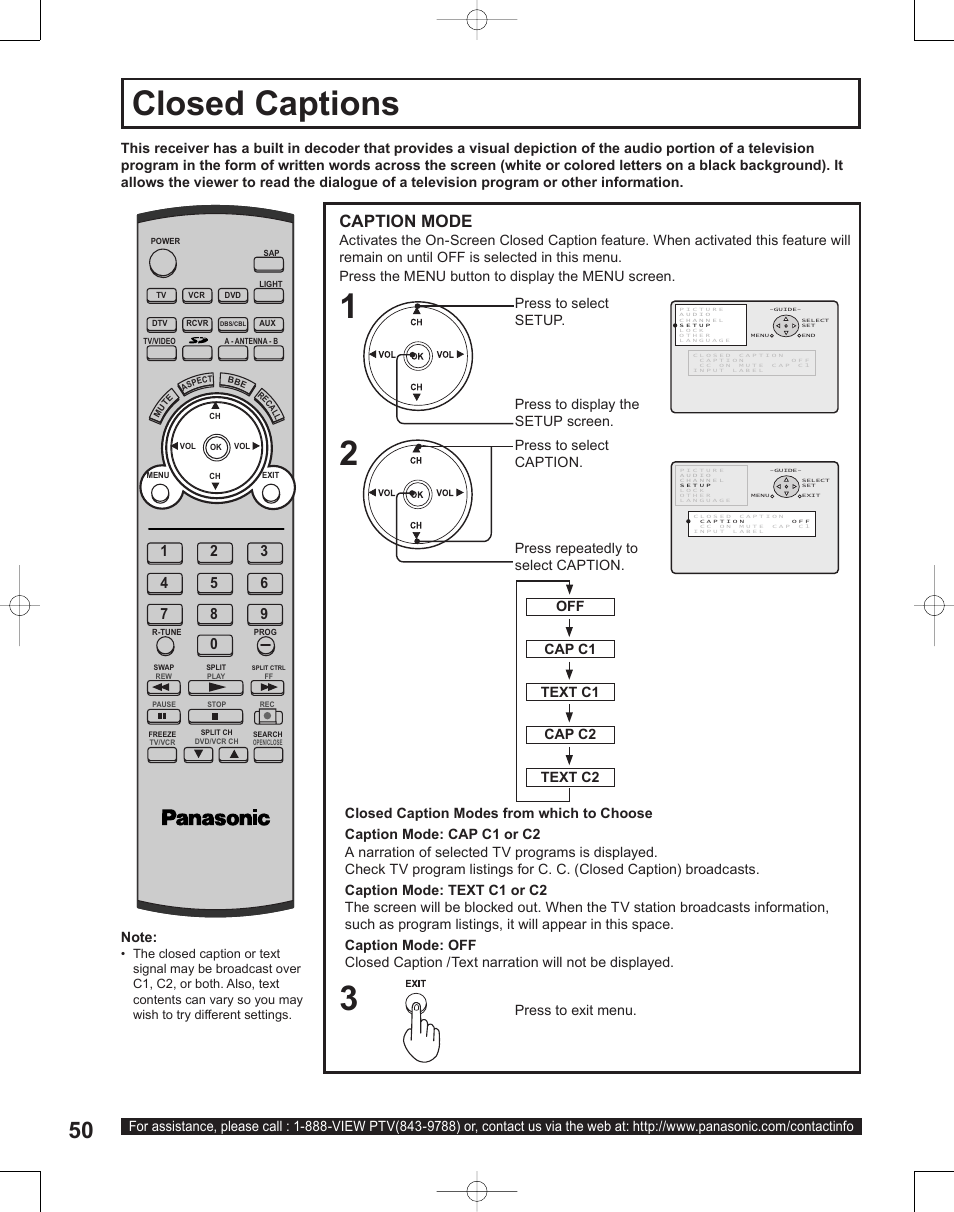 Closed captions, Caption mode, Off cap c1 text c1 cap c2 text c2 | Panasonic PT-50LC14 User Manual | Page 50 / 88