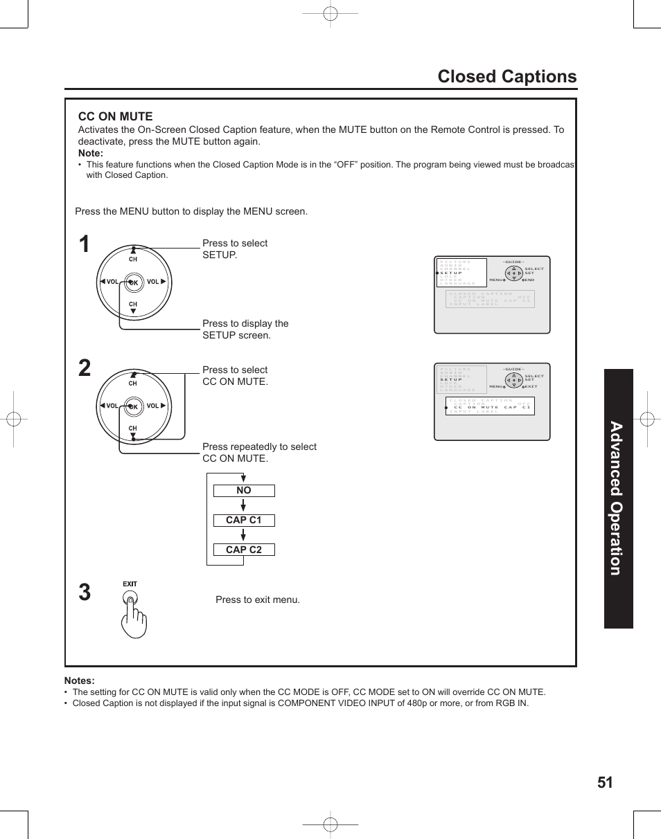 Closed captions, 51 advanced op er a tion, Cc on mute | Panasonic PT-50LC14 User Manual | Page 51 / 88
