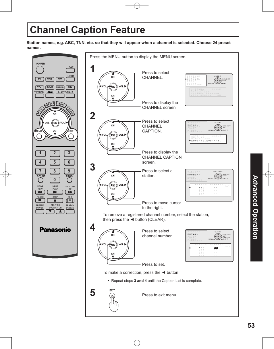 Channel caption feature, 53 advanced op er a tion | Panasonic PT-50LC14 User Manual | Page 53 / 88