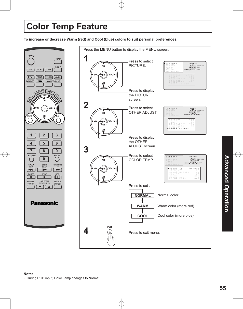 Color temp feature, 55 advanced op er a tion | Panasonic PT-50LC14 User Manual | Page 55 / 88