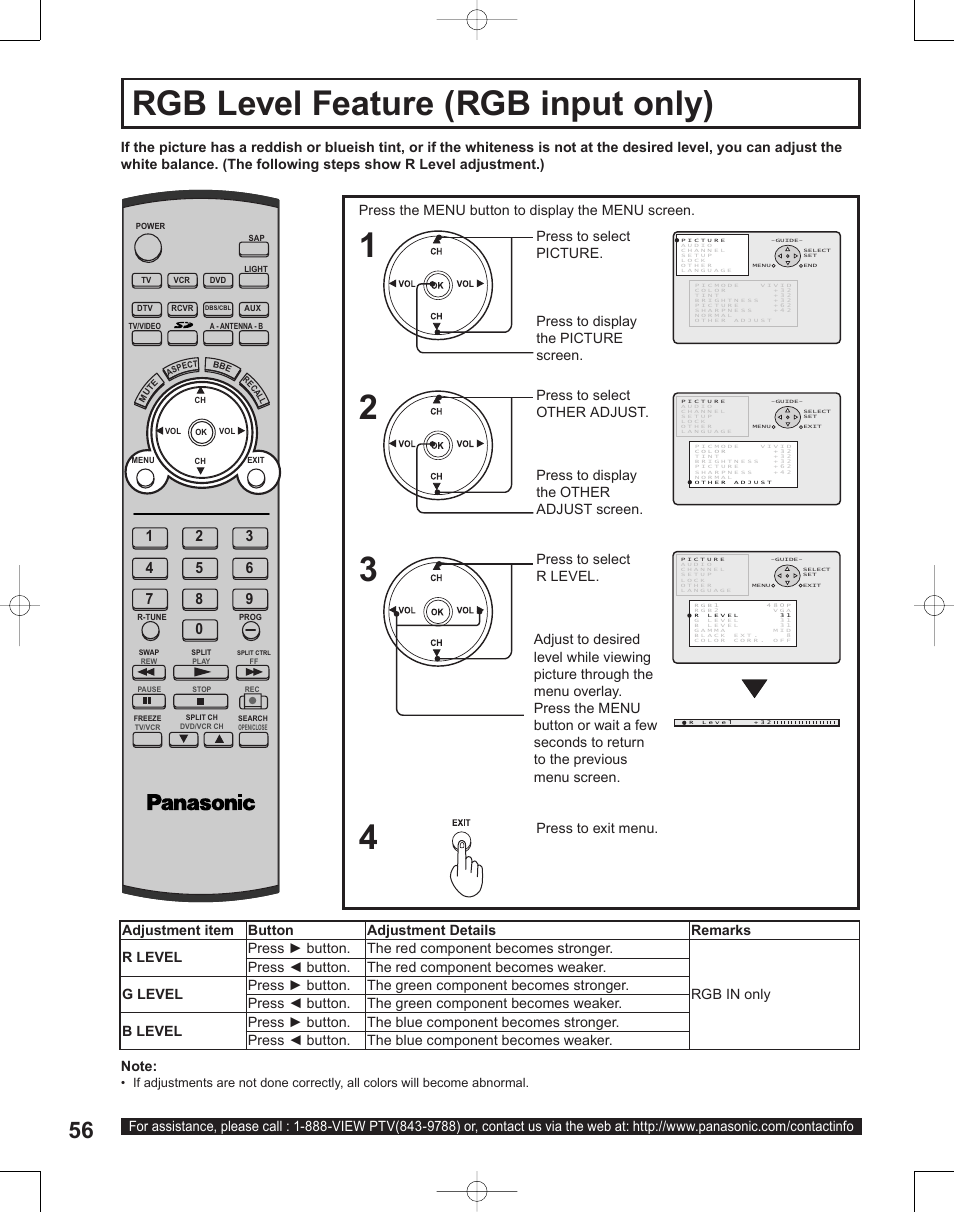 Rgb level feature (rgb input only) | Panasonic PT-50LC14 User Manual | Page 56 / 88
