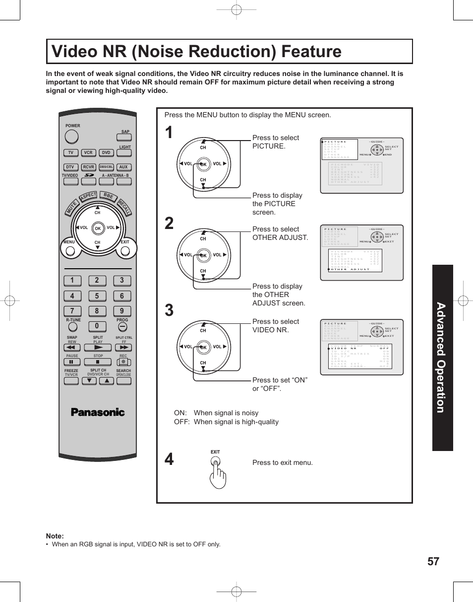 Video nr (noise reduction) feature, 57 advanced op er a tion | Panasonic PT-50LC14 User Manual | Page 57 / 88