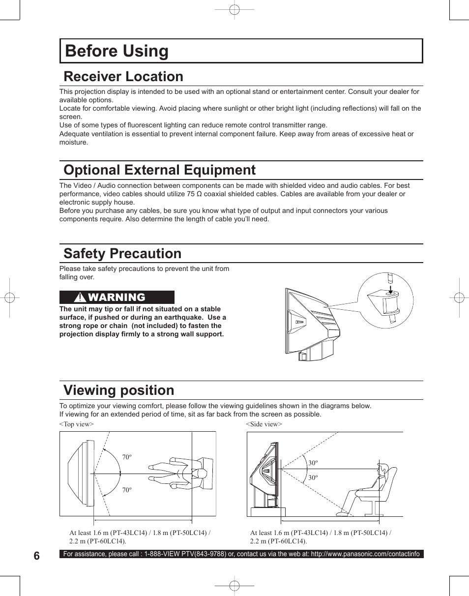 Before using, Receiver location, Optional external equipment | Safety precaution, Viewing position | Panasonic PT-50LC14 User Manual | Page 6 / 88