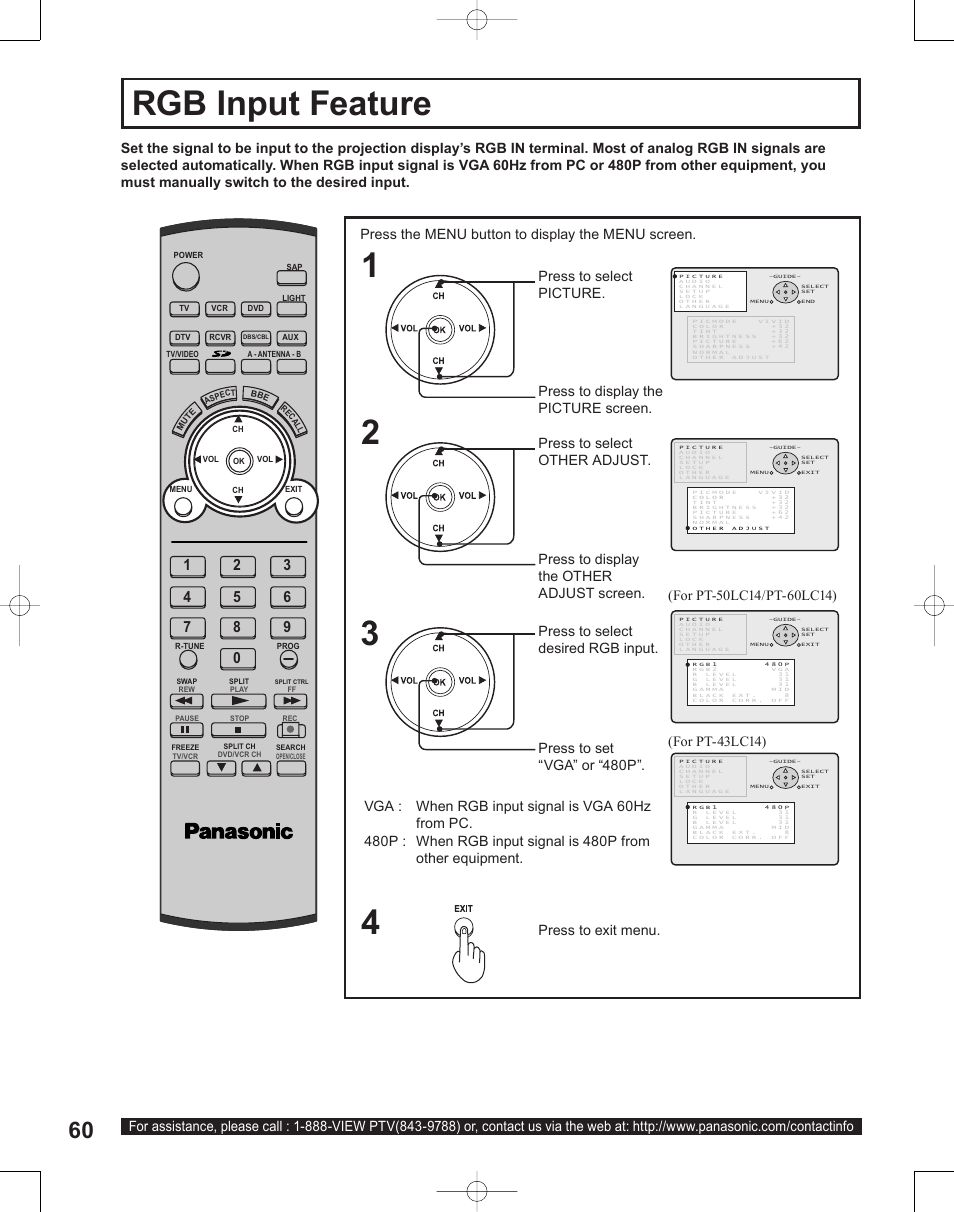 Rgb input feature | Panasonic PT-50LC14 User Manual | Page 60 / 88
