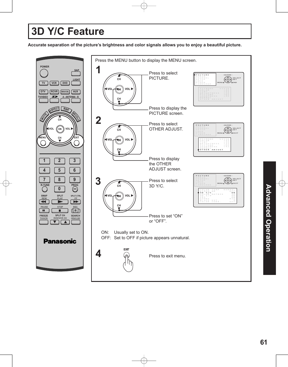 3d y/c feature, 61 advanced op er a tion | Panasonic PT-50LC14 User Manual | Page 61 / 88