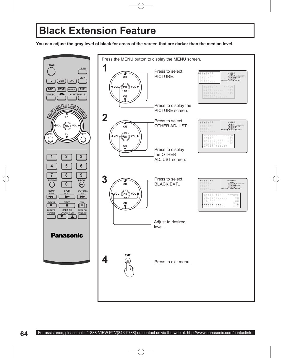 Black extension feature, Press the menu button to display the menu screen, Adjust to desired level | Panasonic PT-50LC14 User Manual | Page 64 / 88
