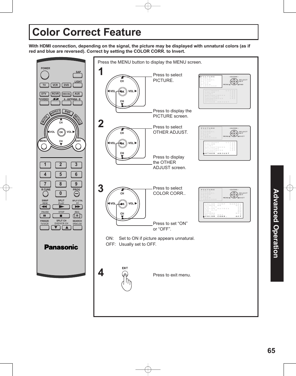 Color correct feature, 65 advanced op er a tion | Panasonic PT-50LC14 User Manual | Page 65 / 88