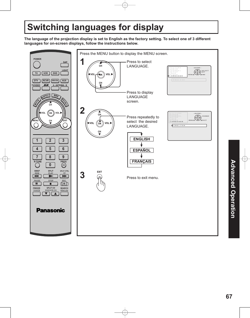 Switching languages for display, 67 advanced op er a tion, Press to display language screen | Panasonic PT-50LC14 User Manual | Page 67 / 88