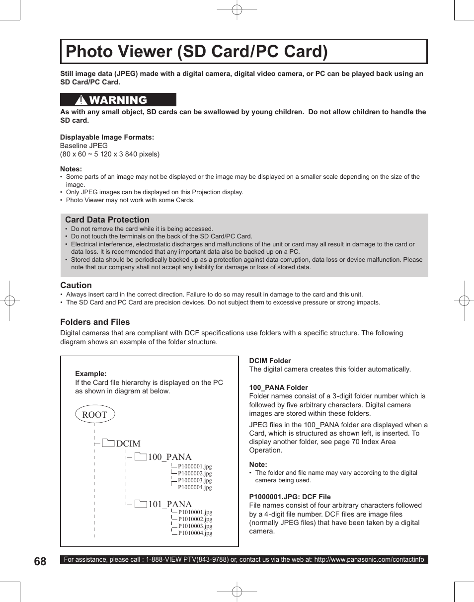 Photo viewer (sd card/pc card), Warning | Panasonic PT-50LC14 User Manual | Page 68 / 88