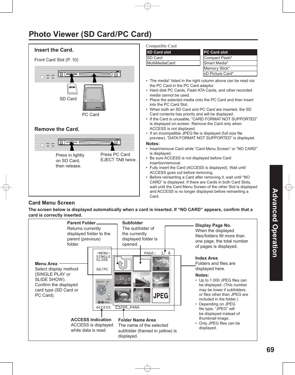 Photo viewer (sd card/pc card), 69 advanced op er a tion | Panasonic PT-50LC14 User Manual | Page 69 / 88