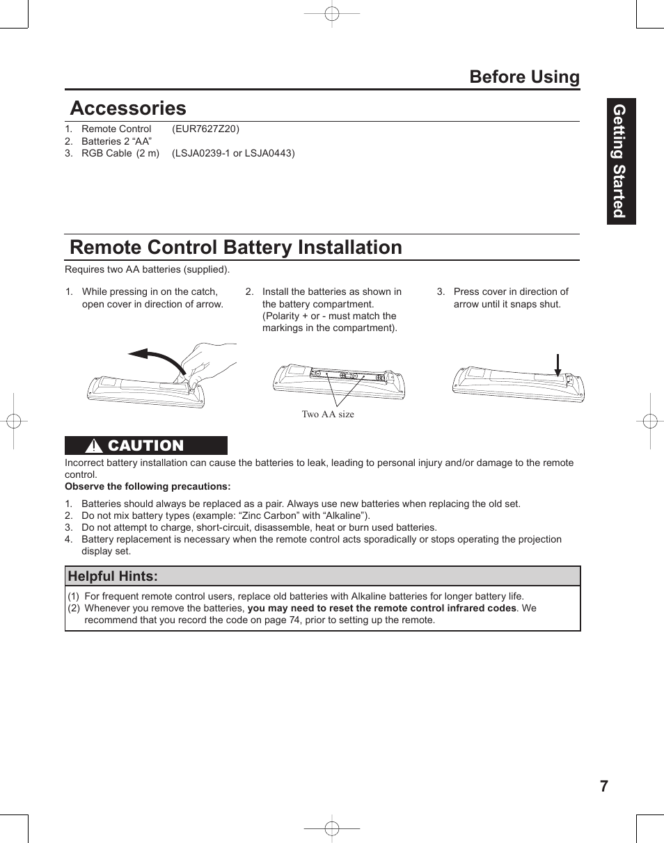 Accessories, Remote control battery installation, Before using | Getting start ed 7, Caution | Panasonic PT-50LC14 User Manual | Page 7 / 88