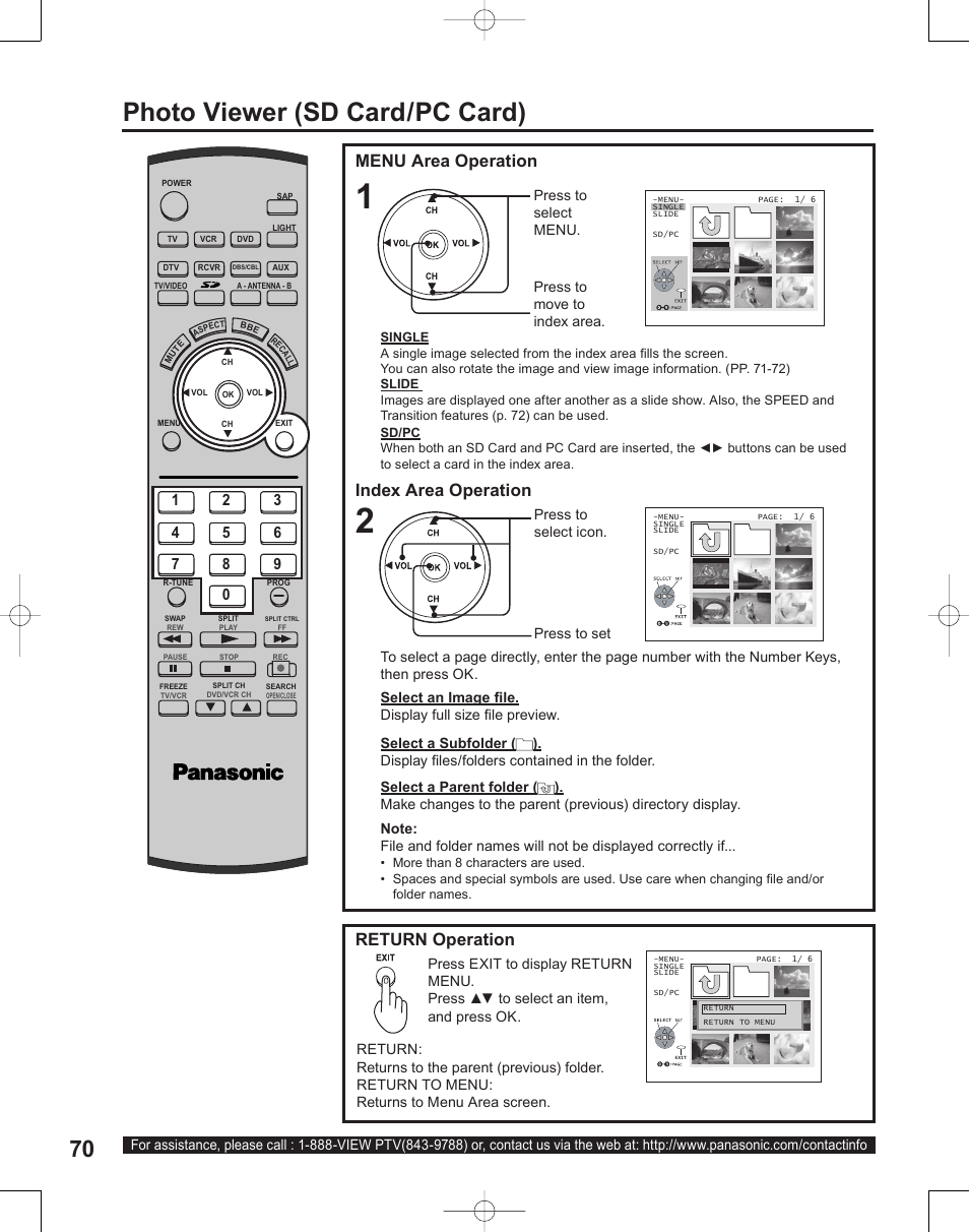 Photo viewer (sd card/pc card), Index area operation, Menu area operation | Return operation | Panasonic PT-50LC14 User Manual | Page 70 / 88
