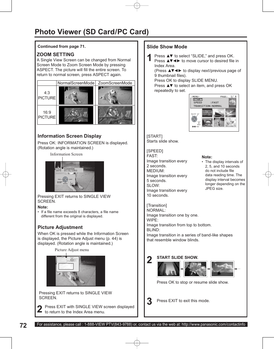 Photo viewer (sd card/pc card), Slide show mode, Information screen display picture adjustment | Zoom setting | Panasonic PT-50LC14 User Manual | Page 72 / 88