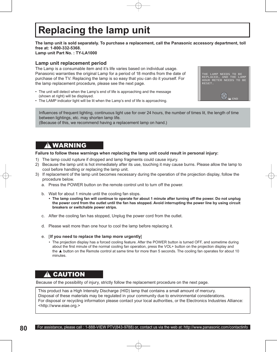 Replacing the lamp unit, Warning, Caution | Panasonic PT-50LC14 User Manual | Page 80 / 88