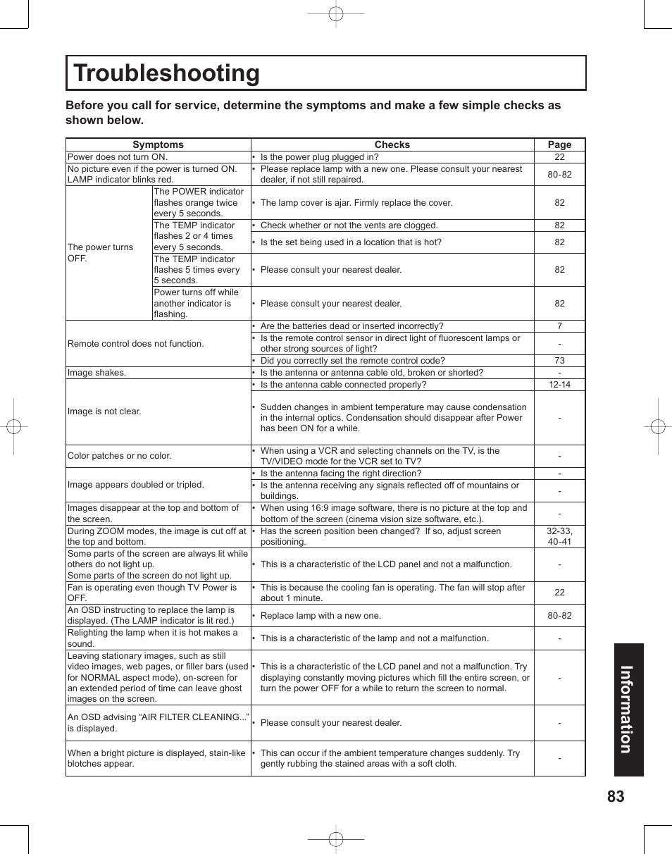 Troubleshooting, 83 information | Panasonic PT-50LC14 User Manual | Page 83 / 88