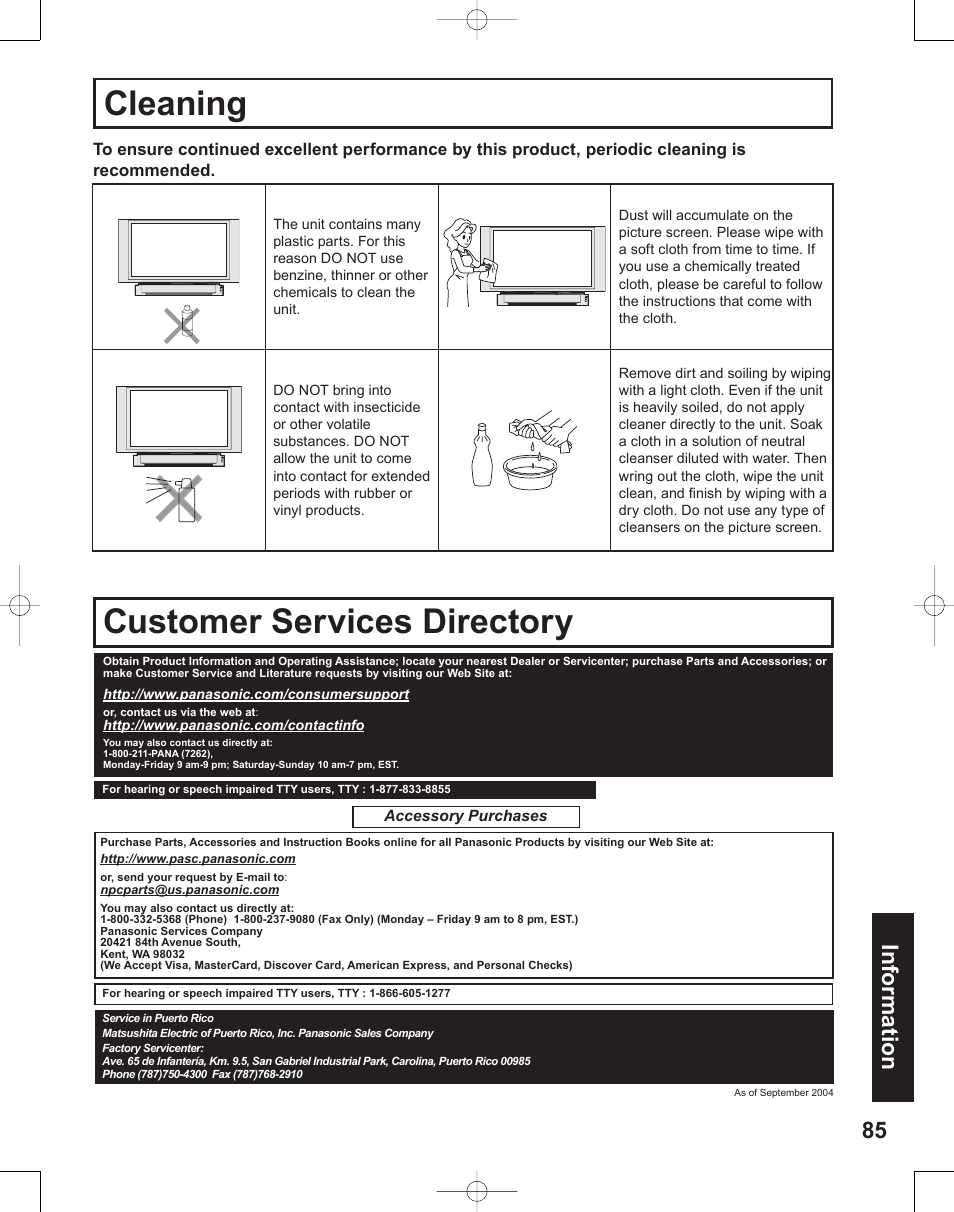 Cleaning, Customer services directory, Clean ing | 85 information | Panasonic PT-50LC14 User Manual | Page 85 / 88