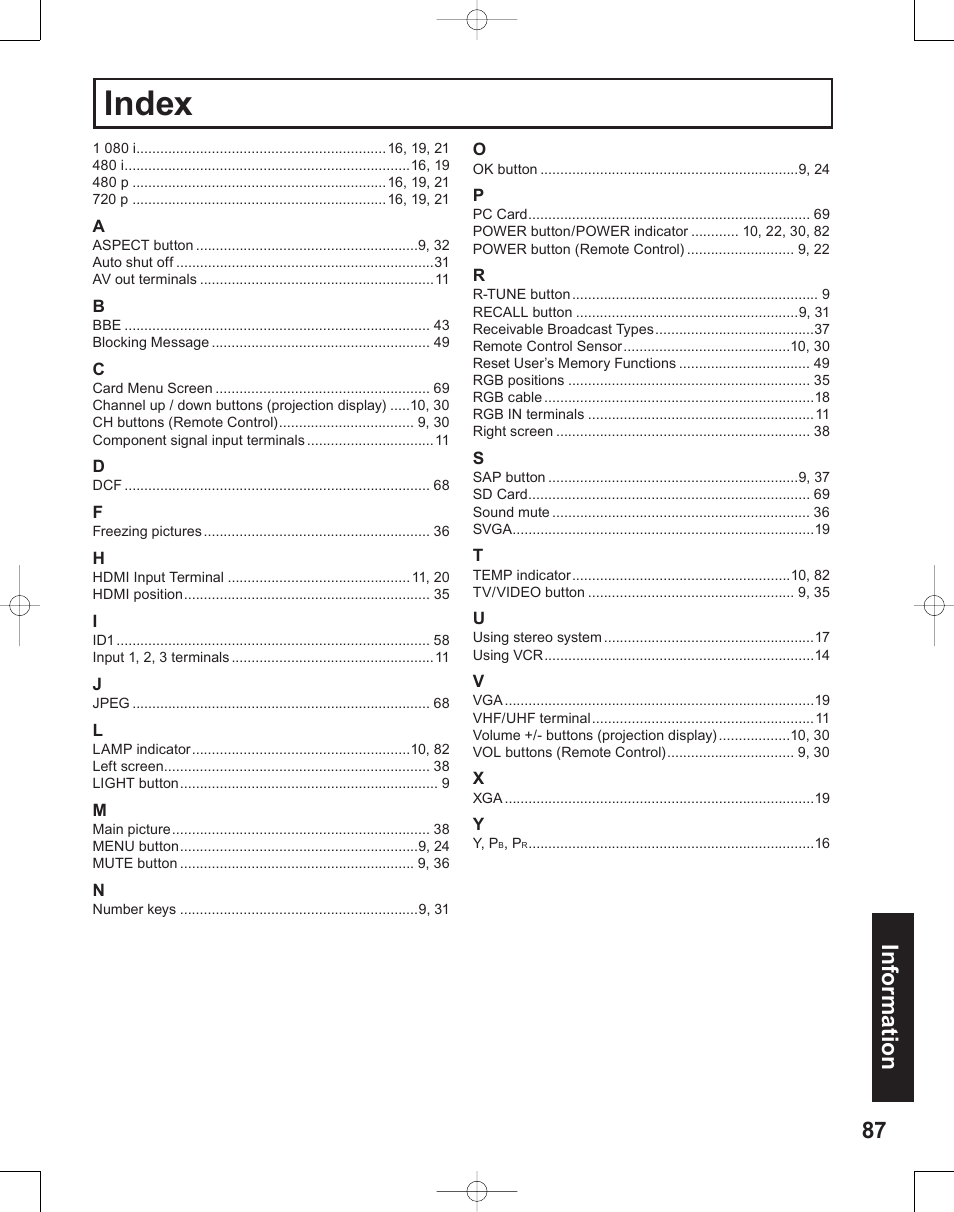 Index, 87 information | Panasonic PT-50LC14 User Manual | Page 87 / 88