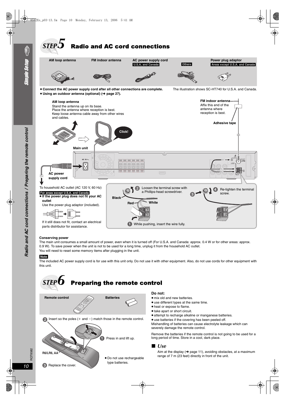 Radio and ac cord connections, Preparing the remote control, Step | 10 simple se tu p | Panasonic SC-HT940 User Manual | Page 10 / 40