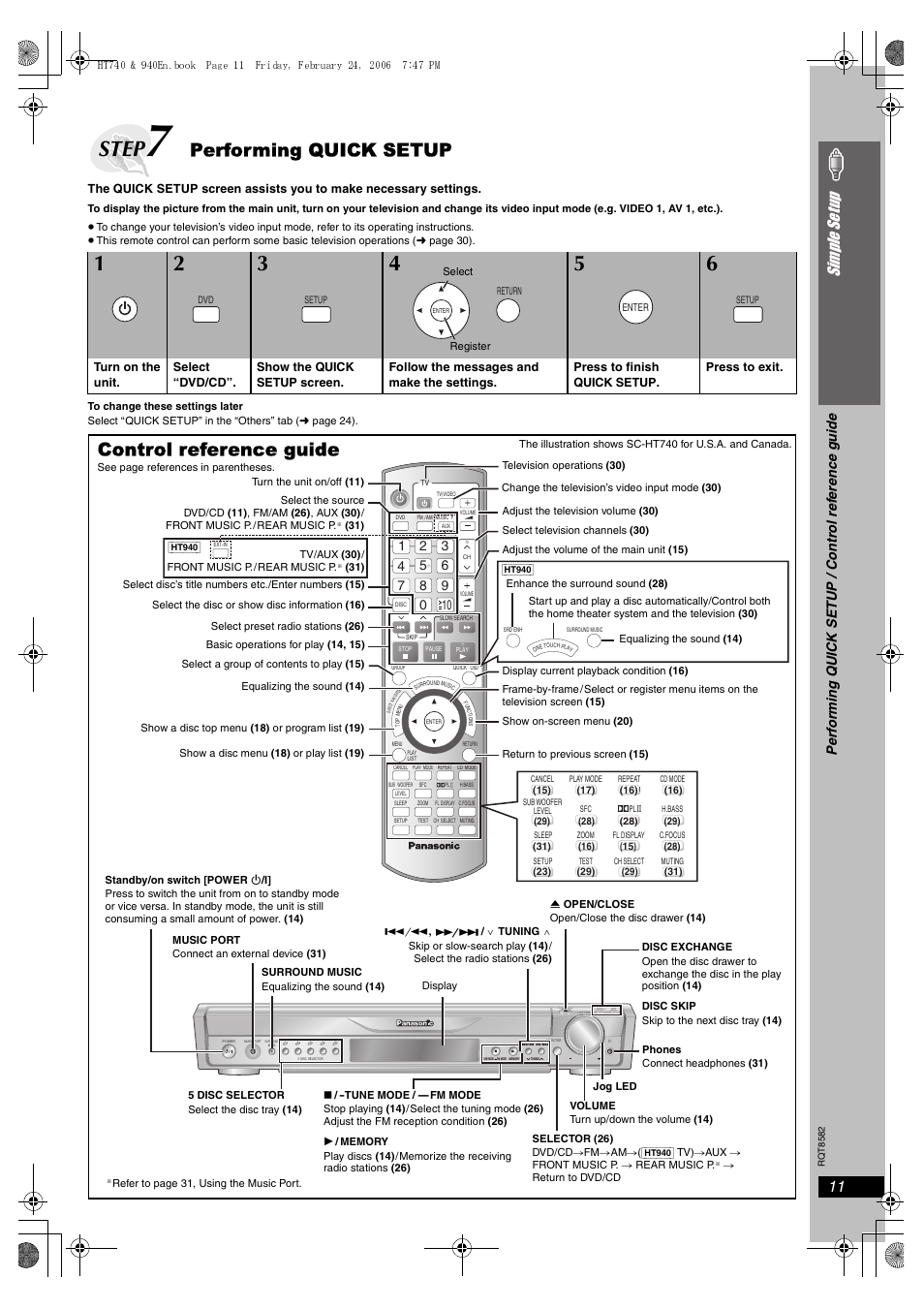 Performing quick setup, Control reference guide, Step | 11 simple se tu p, Open/close exchange skip, Volume disc disc | Panasonic SC-HT940 User Manual | Page 11 / 40