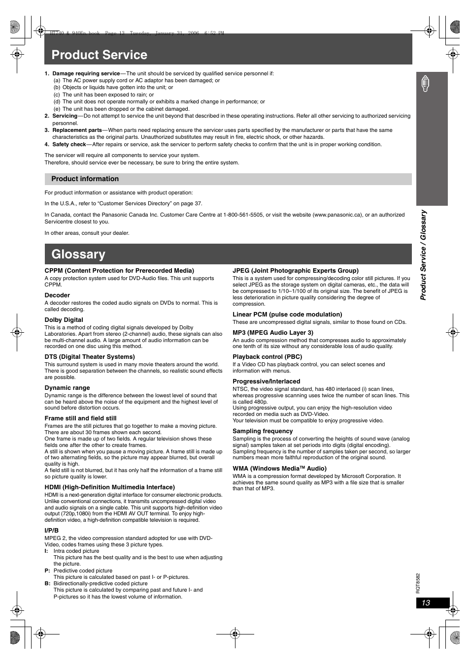 Product service, Glossary | Panasonic SC-HT940 User Manual | Page 13 / 40