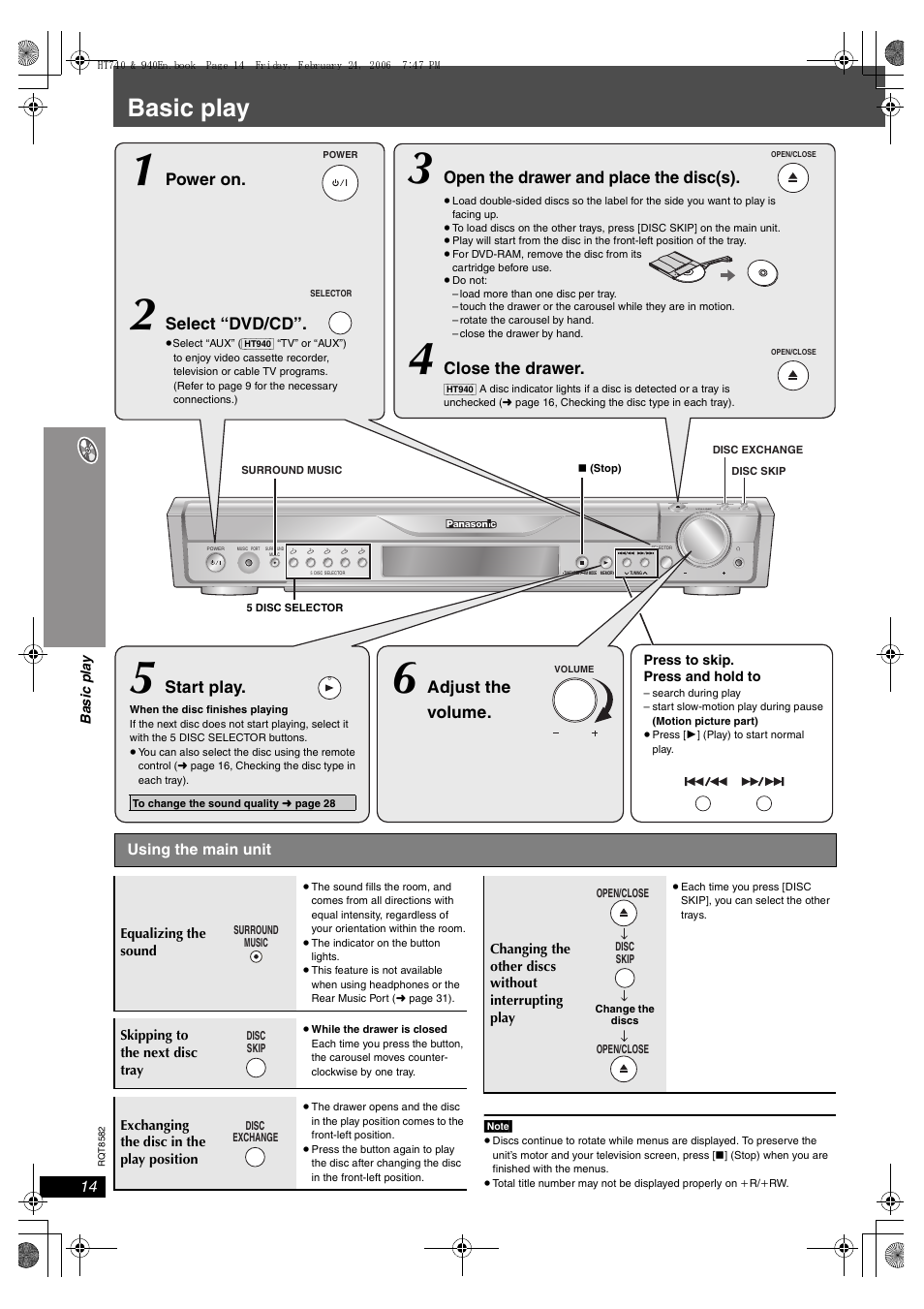 Playing discs, Basic play, Adjust the volume | Start play, Open the drawer and place the disc(s), Select “dvd/cd, Power on, Close the drawer | Panasonic SC-HT940 User Manual | Page 14 / 40