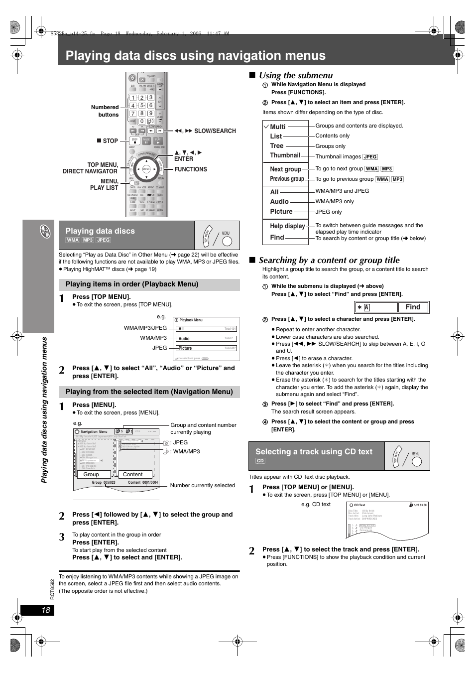 Playing data discs using navigation menus, Using the submenu, Searching by a content or group title | Playing data discs, Selecting a track using cd text, Playing items in order (playback menu), Playing from the selected item (navigation menu), Find | Panasonic SC-HT940 User Manual | Page 18 / 40