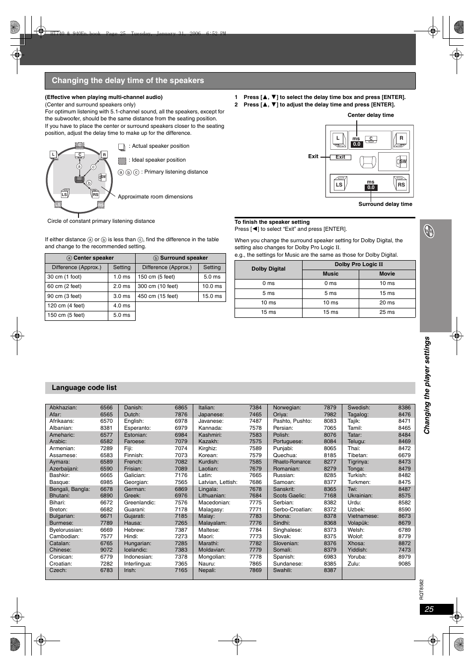 Changing the delay time of the speakers | Panasonic SC-HT940 User Manual | Page 25 / 40