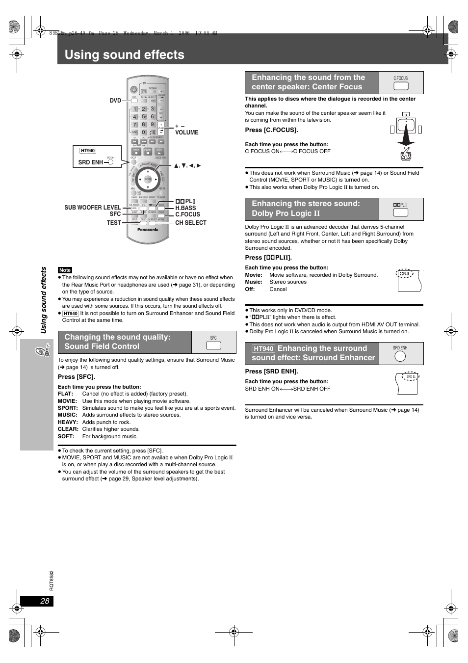 Using sound effects, Changing the sound quality: sound field control, Usin g so und eff ect s | Press [sfc, Press [c.focus, Press [ î plii, Press [srd enh | Panasonic SC-HT940 User Manual | Page 28 / 40