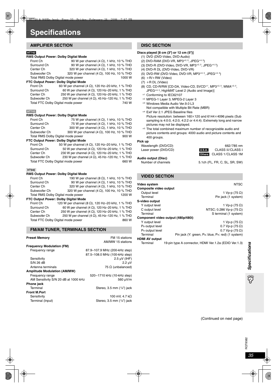 Specifications | Panasonic SC-HT940 User Manual | Page 35 / 40