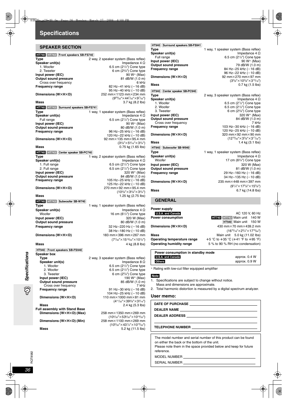 Specifications, Spe c ifi cati ons | Panasonic SC-HT940 User Manual | Page 36 / 40