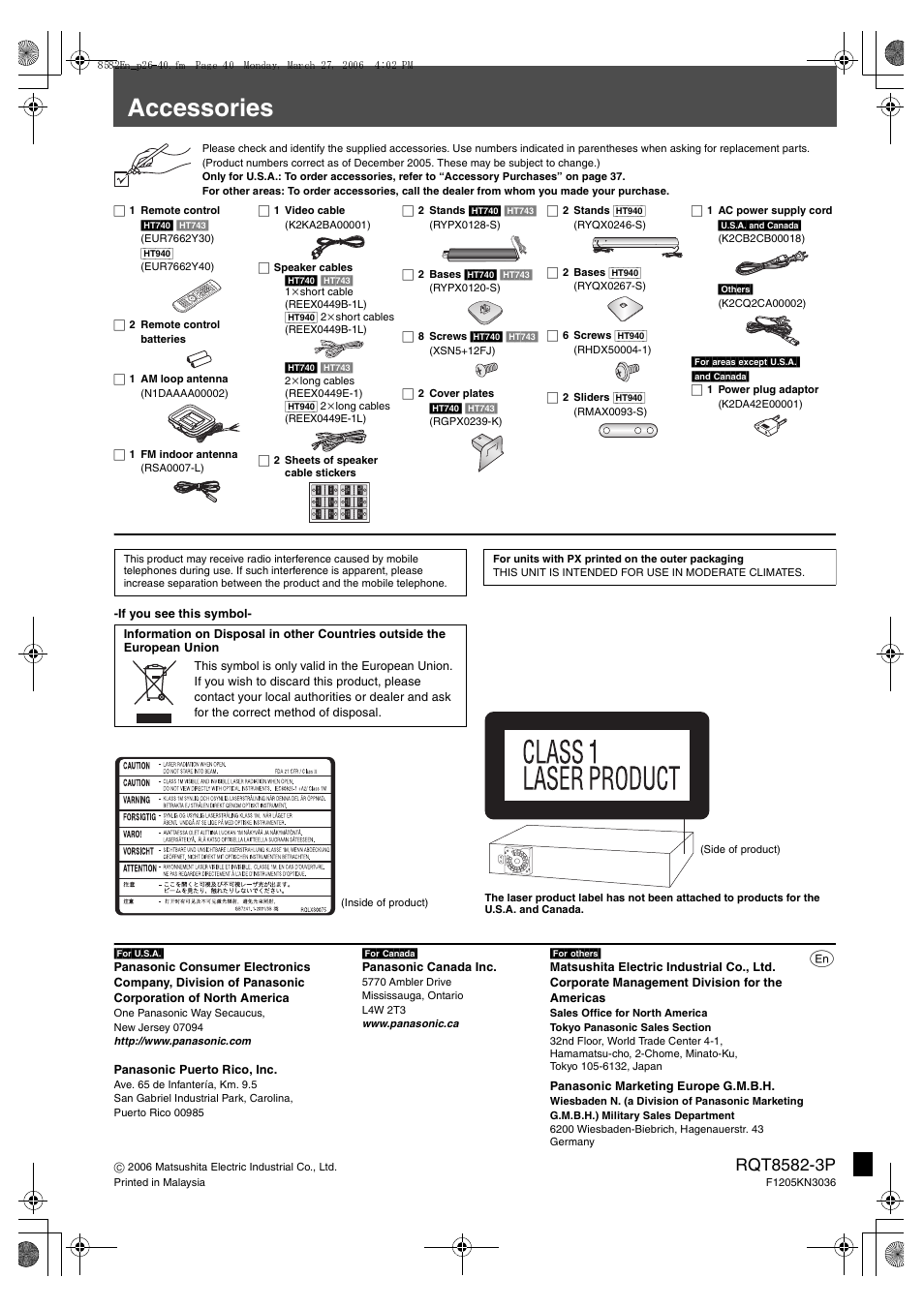 Accessories | Panasonic SC-HT940 User Manual | Page 40 / 40