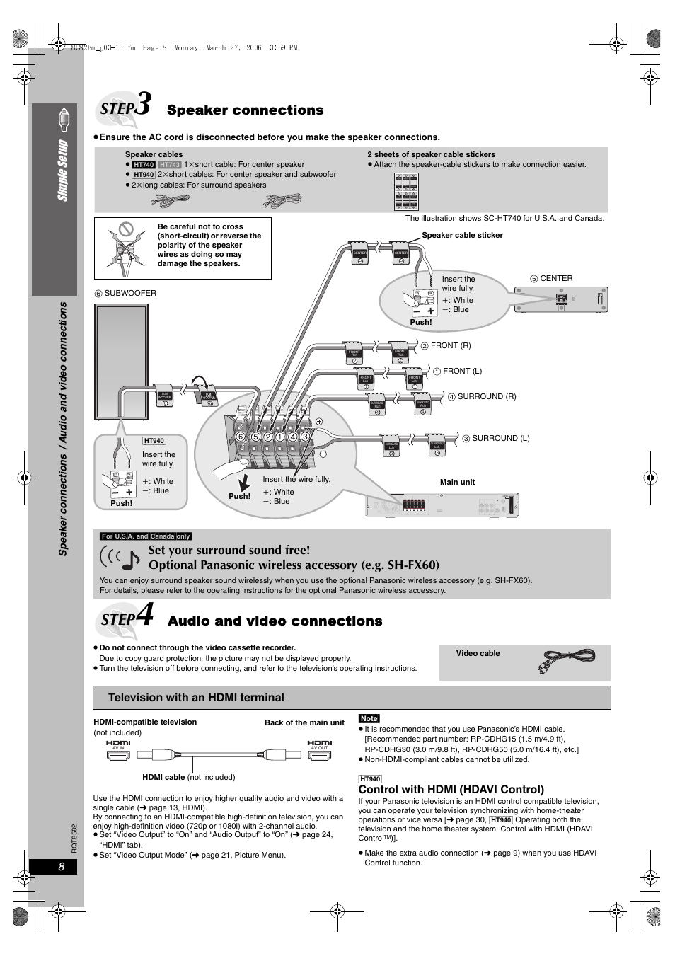 Speaker connections, Audio and video connections, Step | 8simple se tu p, Control with hdmi (hdavi control), Television with an hdmi terminal | Panasonic SC-HT940 User Manual | Page 8 / 40